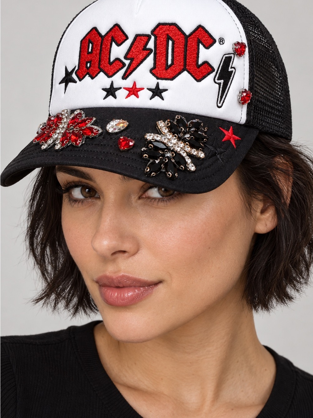 Upcycled rhinestone AC/DC Black, White & Red Embellished Trucker snap back hat